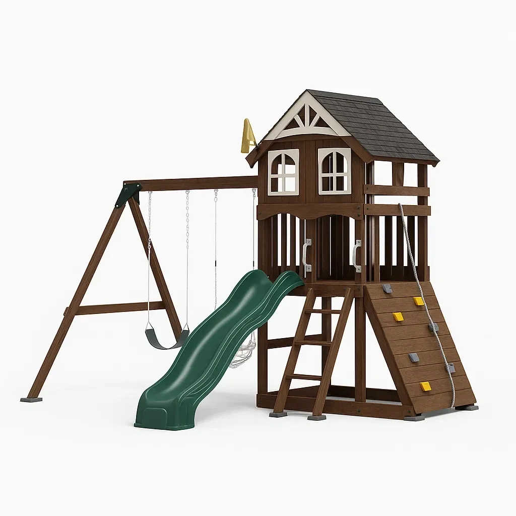 Set scivolo e altalena in legno con scivolo verde per bambini