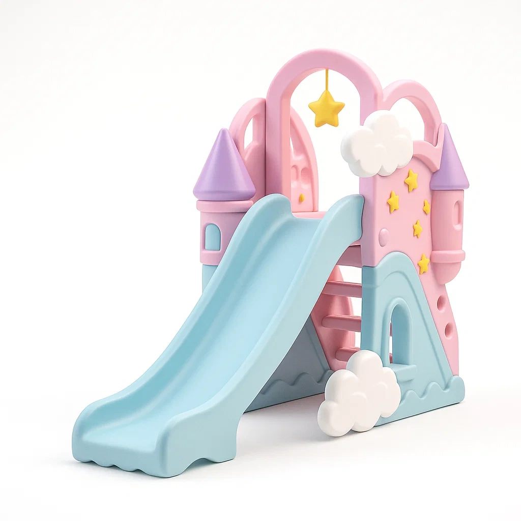Scivolo in plastica HDPE a forma di castello per bambini rosa/azzurro 130x190x85 cm