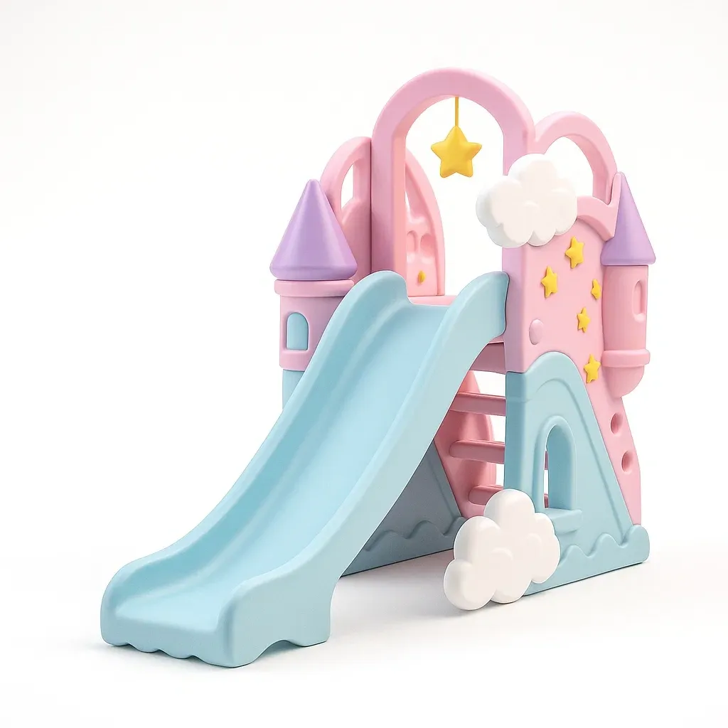 Scivolo in plastica HDPE a forma di castello per bambini rosa/azzurro 130x190x85 cm
