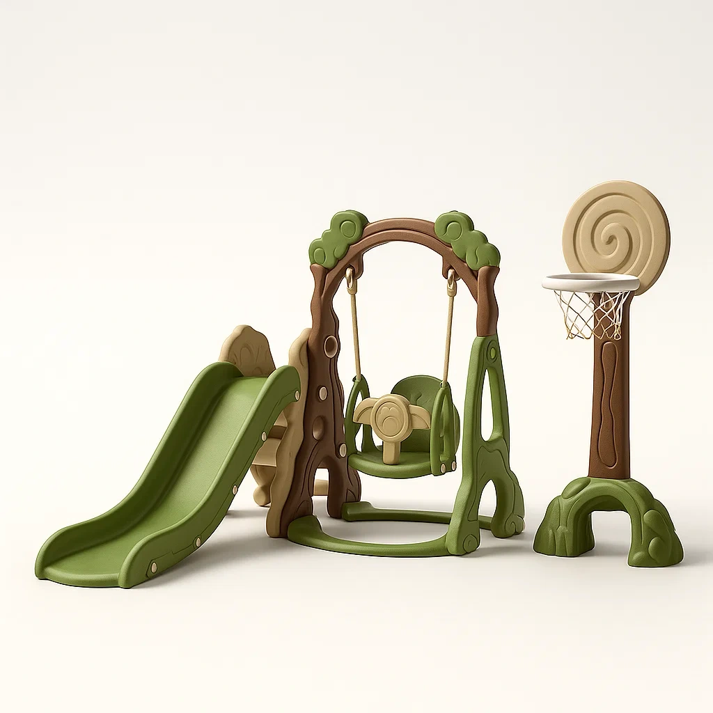 Set scivolo e altalena in plastica verde e marrone con canestro