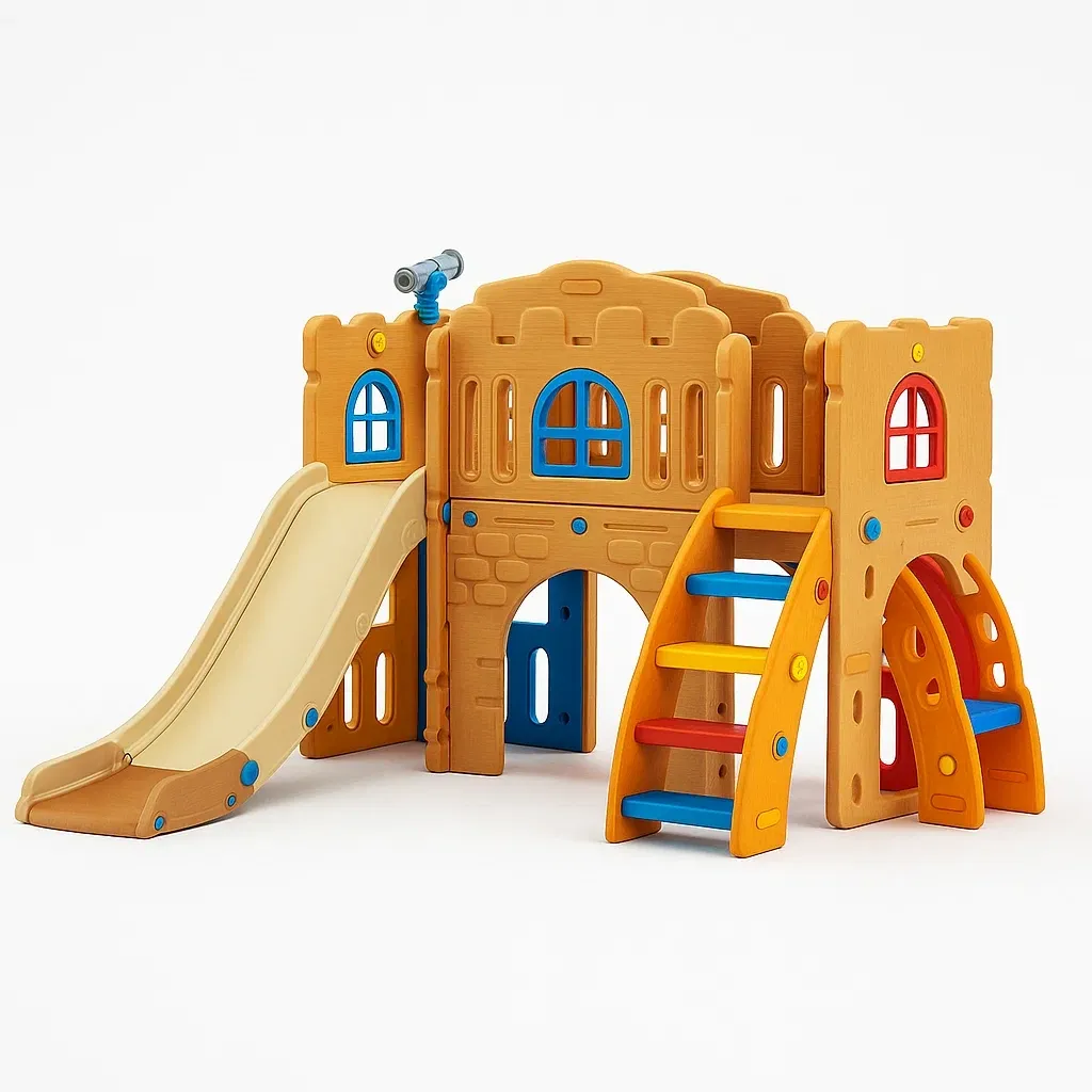 Scivolo a forma di castello in plastica multicolore con scala e telescopio