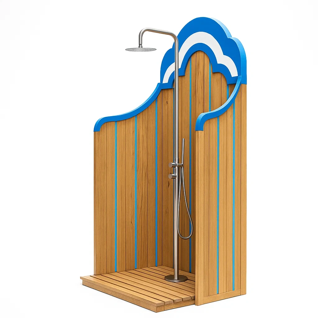 Docce esterne in legno e acciaio inossidabile con pannelli decorativi blu