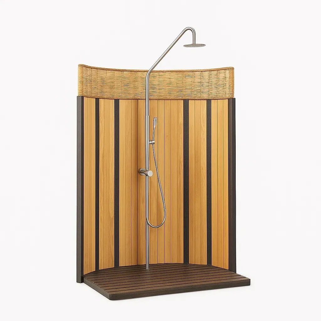Docce esterne in legno di teak e acciaio con dettagli intrecciati