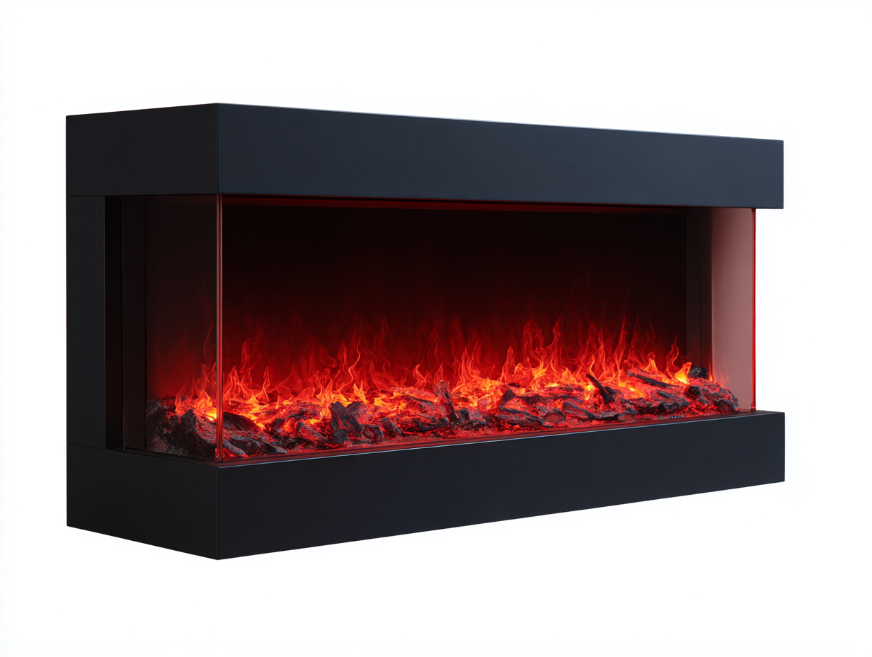 Cheminée électrique panoramique 145x22x54 cm - métal/verre trempé - noir - flamme LED rouge réaliste