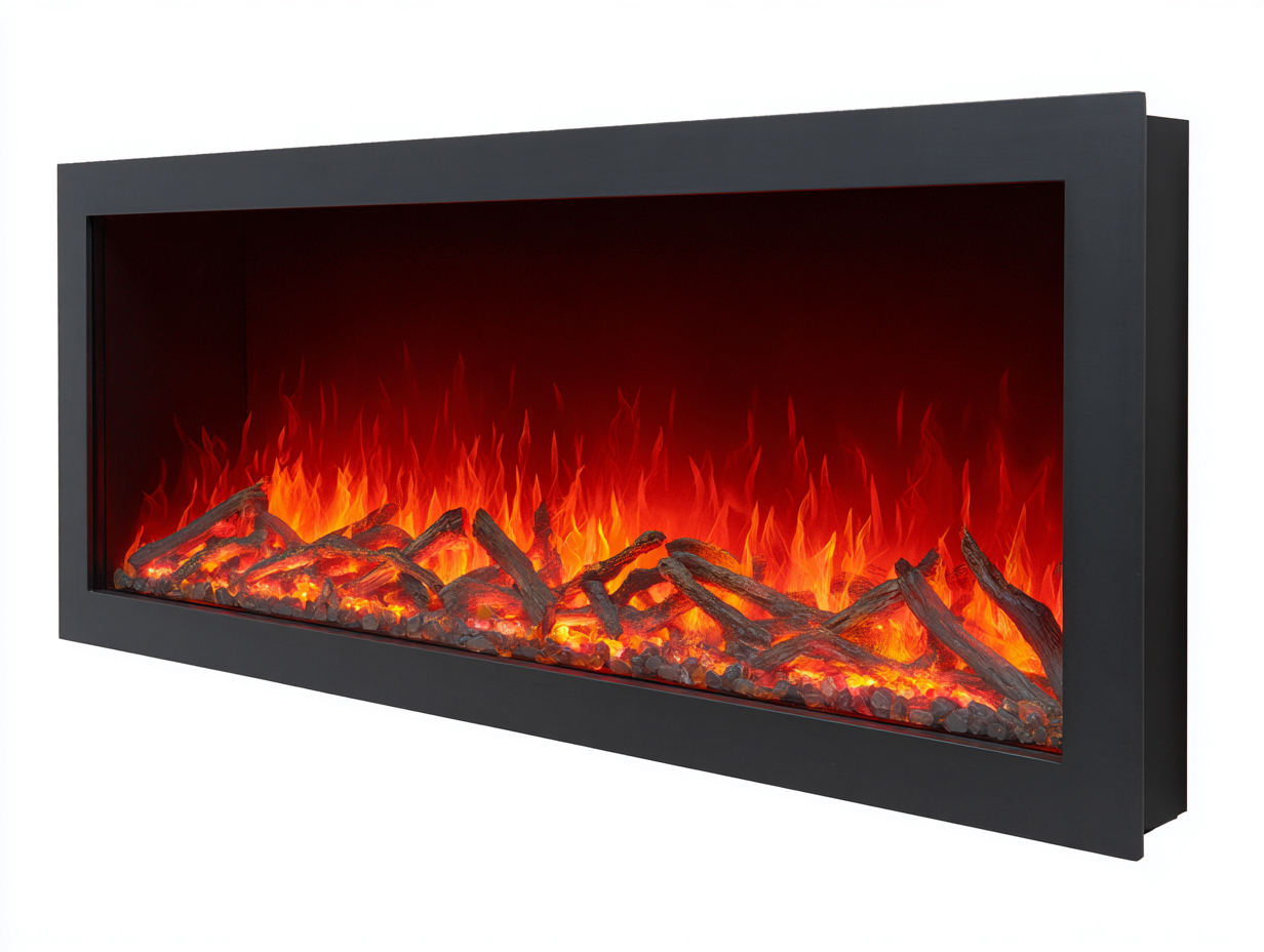 Cheminée électrique murale 155x16x52 cm - métal/verre trempé - noir - flamme LED rouge réaliste