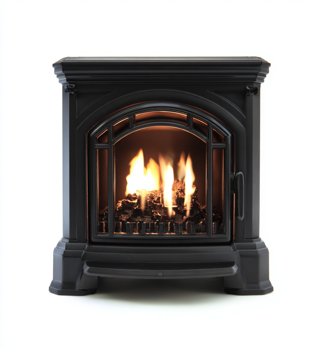 Cheminée à gaz décorative en métal 70x32x90 cm - noir - façade arquée