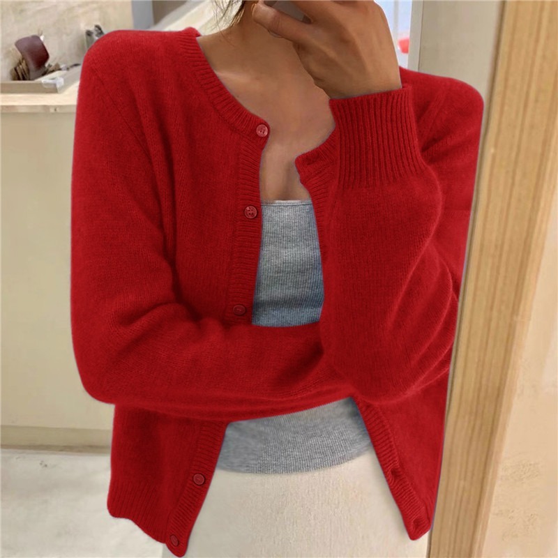 Solid Color Knitted for Women Cardigan Korean Single Breasted Long Sleeve Jumper Woman Round Neck All Match Cardigans Outwear