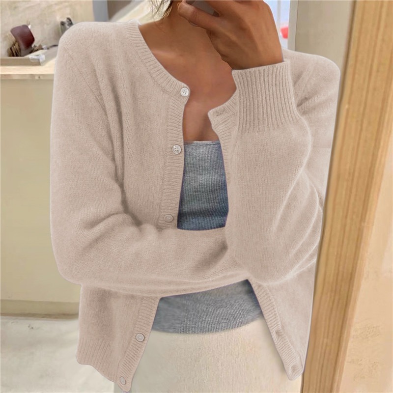 Solid Color Knitted for Women Cardigan Korean Single Breasted Long Sleeve Jumper Woman Round Neck All Match Cardigans Outwear