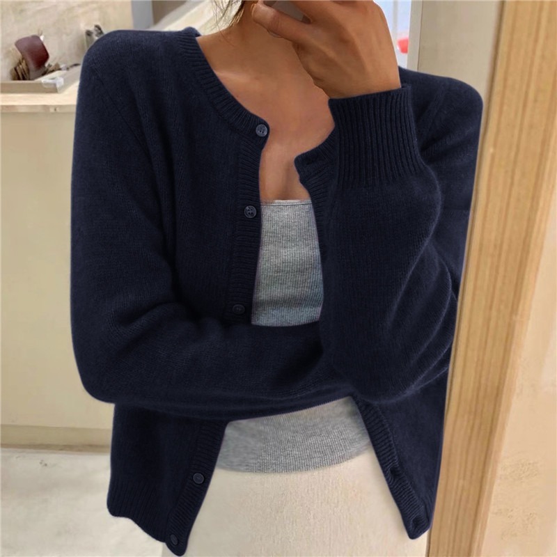 Solid Color Knitted for Women Cardigan Korean Single Breasted Long Sleeve Jumper Woman Round Neck All Match Cardigans Outwear