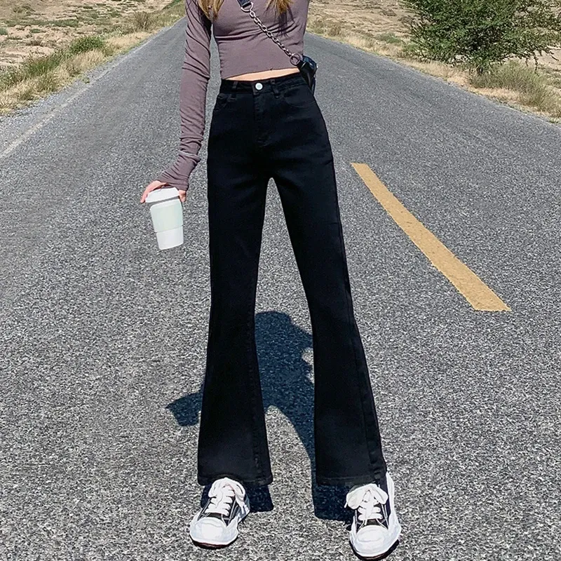 Woman Vintage High Waist Flare Jeans Girls Elastic Slim Fit Designer Bell Bottom Pants Female Streetwear Black Denim Trousers