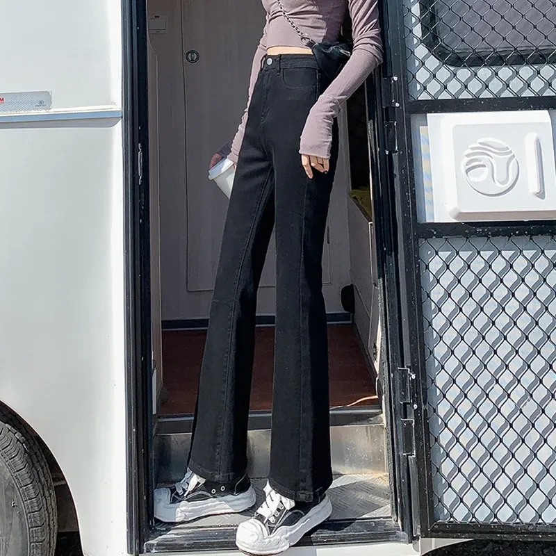 Woman Vintage High Waist Flare Jeans Girls Elastic Slim Fit Designer Bell Bottom Pants Female Streetwear Black Denim Trousers