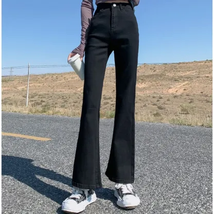 Woman Vintage High Waist Flare Jeans Girls Elastic Slim Fit Designer Bell Bottom Pants Female Streetwear Black Denim Trousers