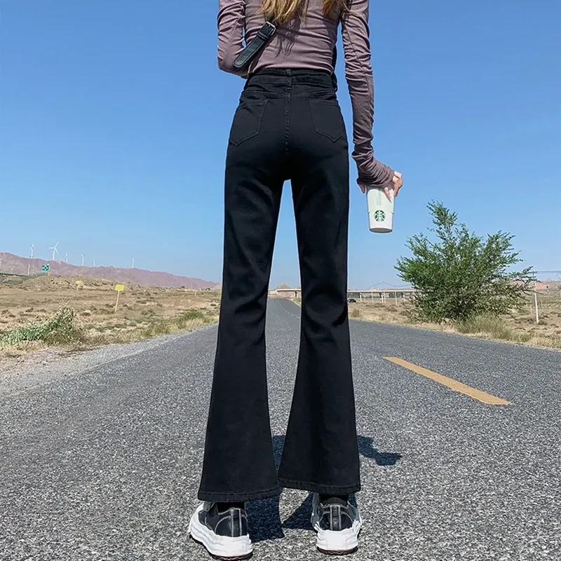 Woman Vintage High Waist Flare Jeans Girls Elastic Slim Fit Designer Bell Bottom Pants Female Streetwear Black Denim Trousers