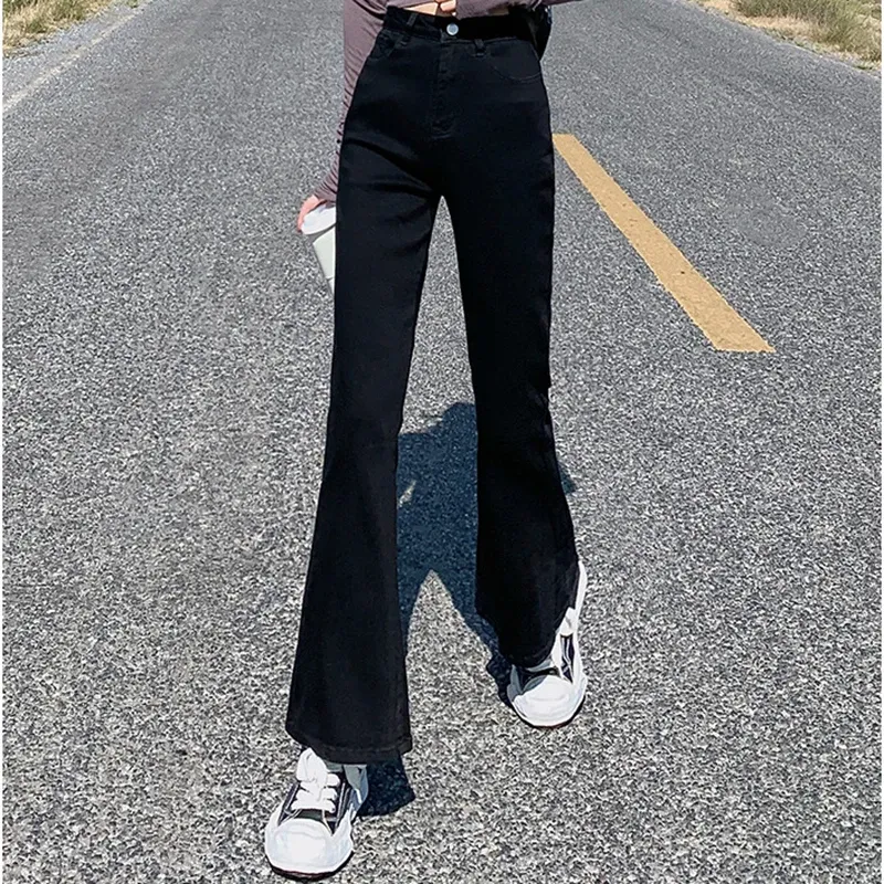 Woman Vintage High Waist Flare Jeans Girls Elastic Slim Fit Designer Bell Bottom Pants Female Streetwear Black Denim Trousers