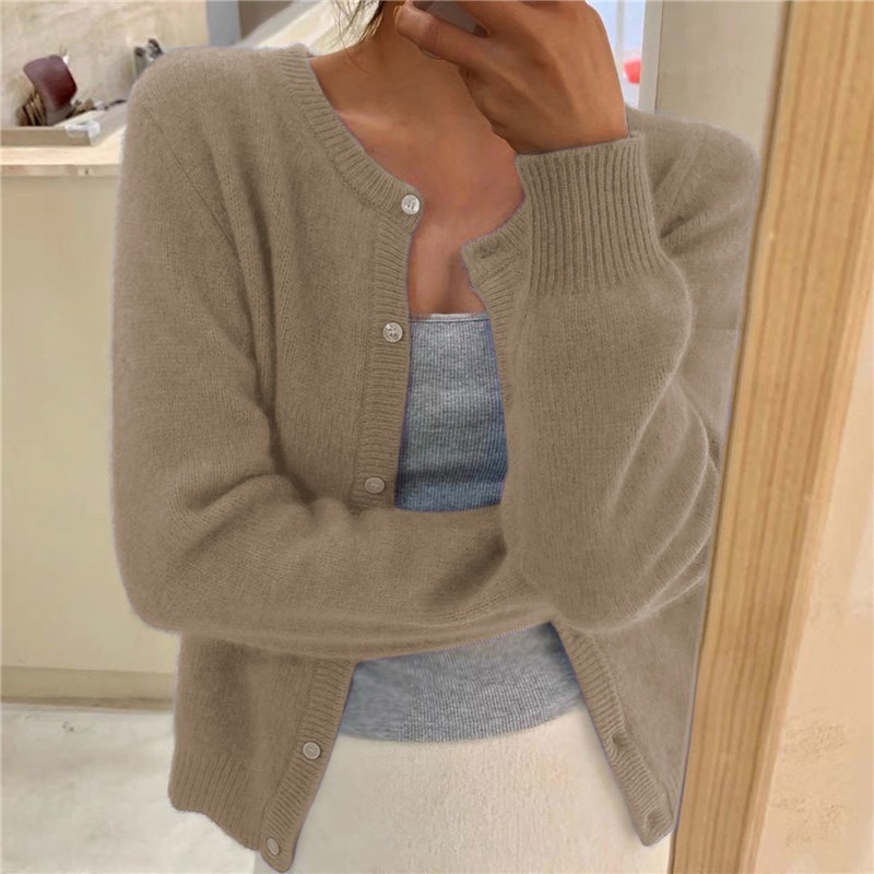 Solid Color Knitted for Women Cardigan Korean Single Breasted Long Sleeve Jumper Woman Round Neck All Match Cardigans Outwear