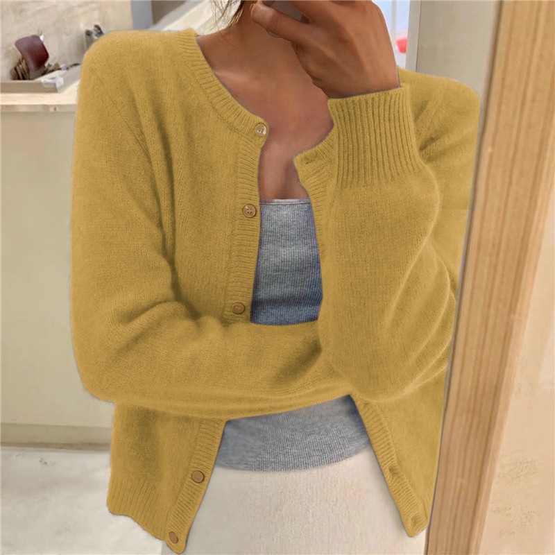 Solid Color Knitted for Women Cardigan Korean Single Breasted Long Sleeve Jumper Woman Round Neck All Match Cardigans Outwear