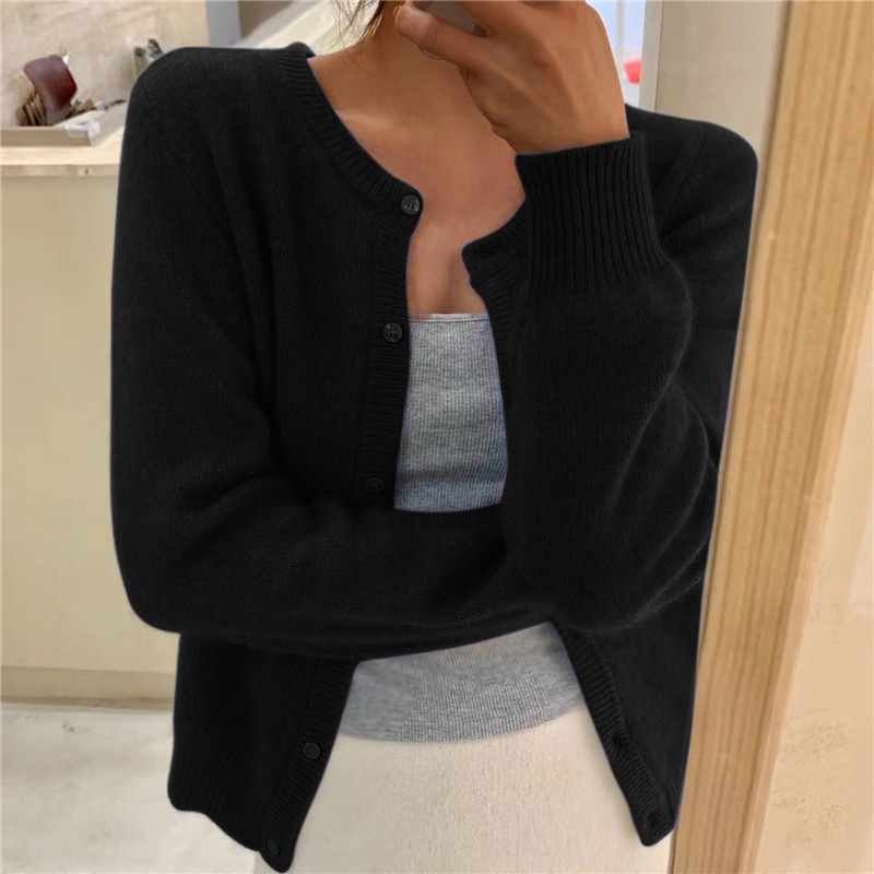 Solid Color Knitted for Women Cardigan Korean Single Breasted Long Sleeve Jumper Woman Round Neck All Match Cardigans Outwear