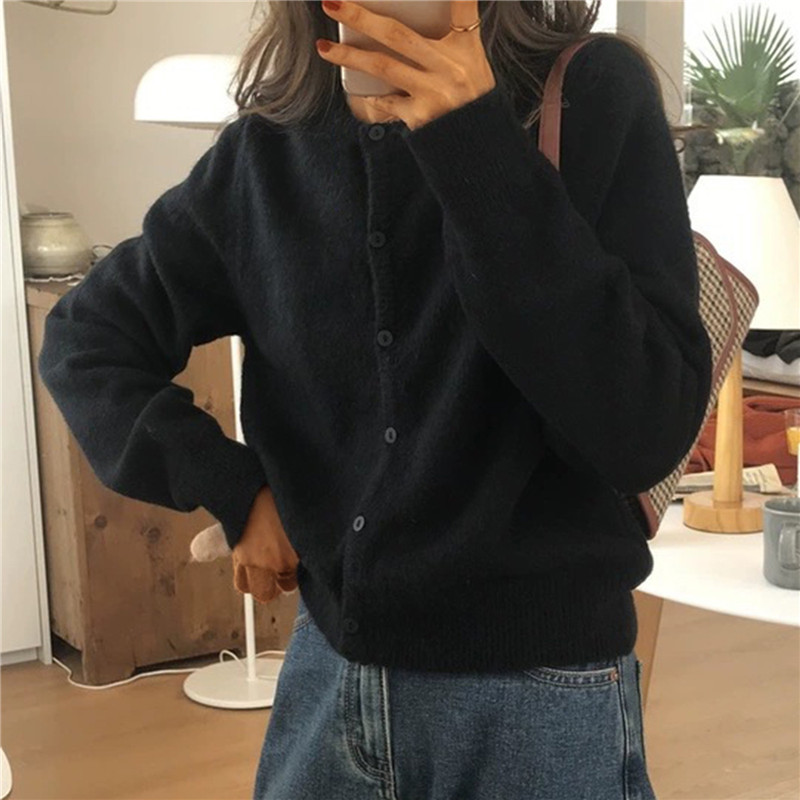 Solid Color Knitted for Women Cardigan Korean Single Breasted Long Sleeve Jumper Woman Round Neck All Match Cardigans Outwear