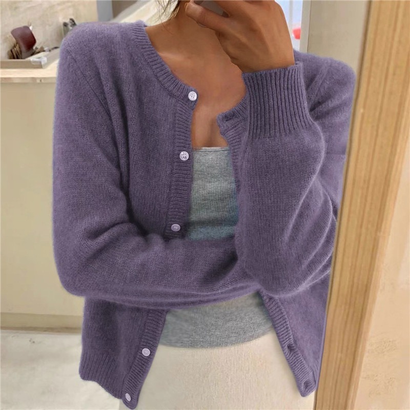 Solid Color Knitted for Women Cardigan Korean Single Breasted Long Sleeve Jumper Woman Round Neck All Match Cardigans Outwear