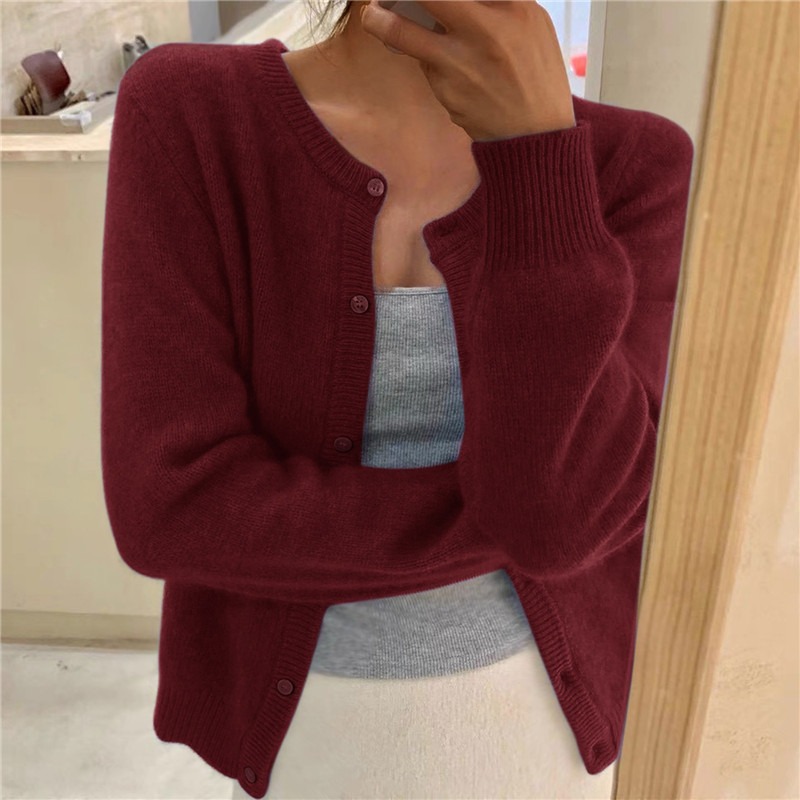 Solid Color Knitted for Women Cardigan Korean Single Breasted Long Sleeve Jumper Woman Round Neck All Match Cardigans Outwear
