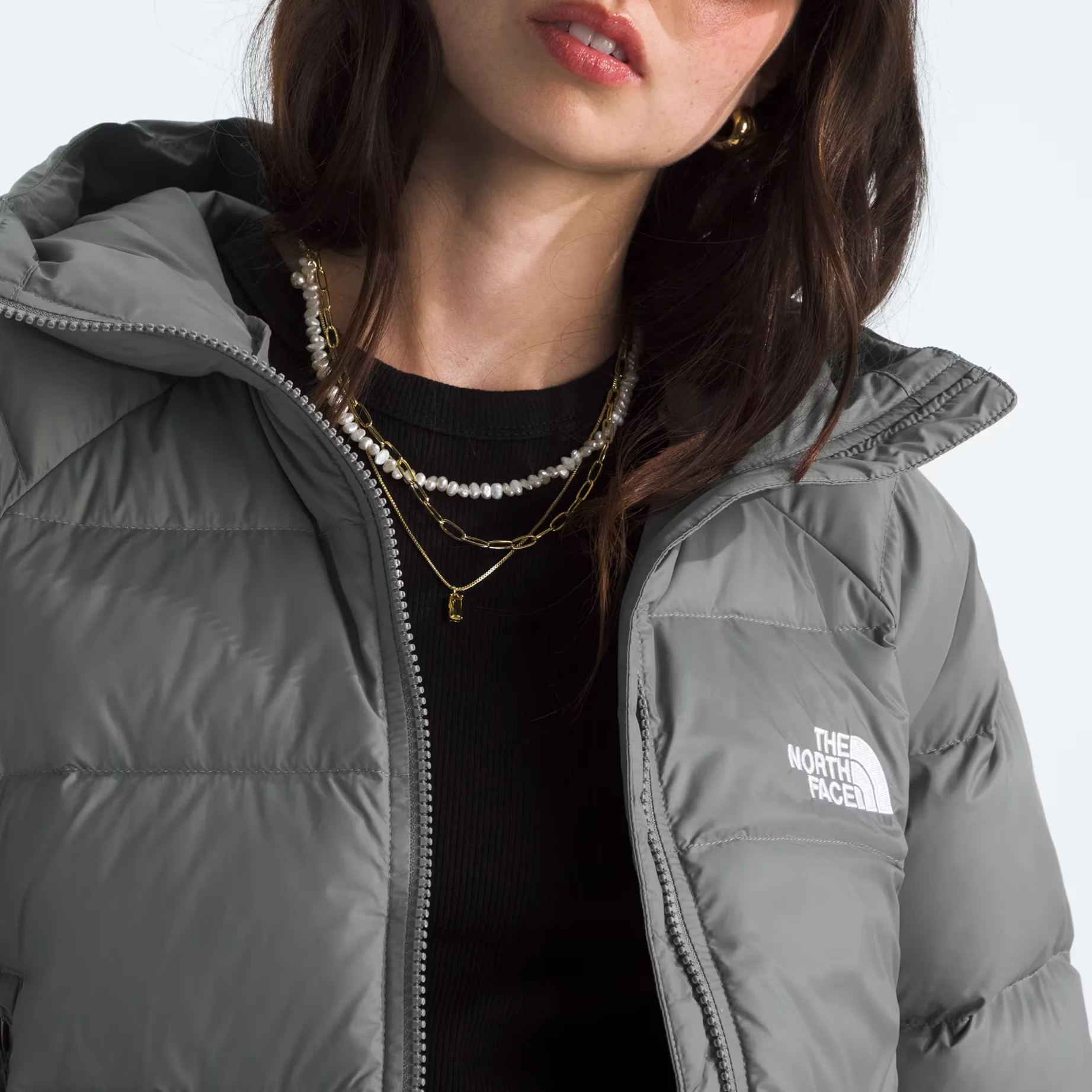 Women's Short Down Hoodie-Smoked Pearl