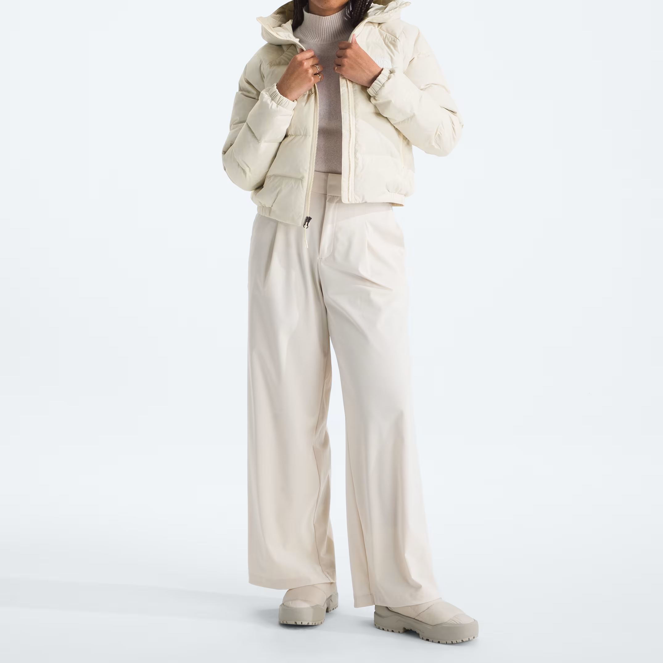 Women's Short Down Hoodie-White Dune