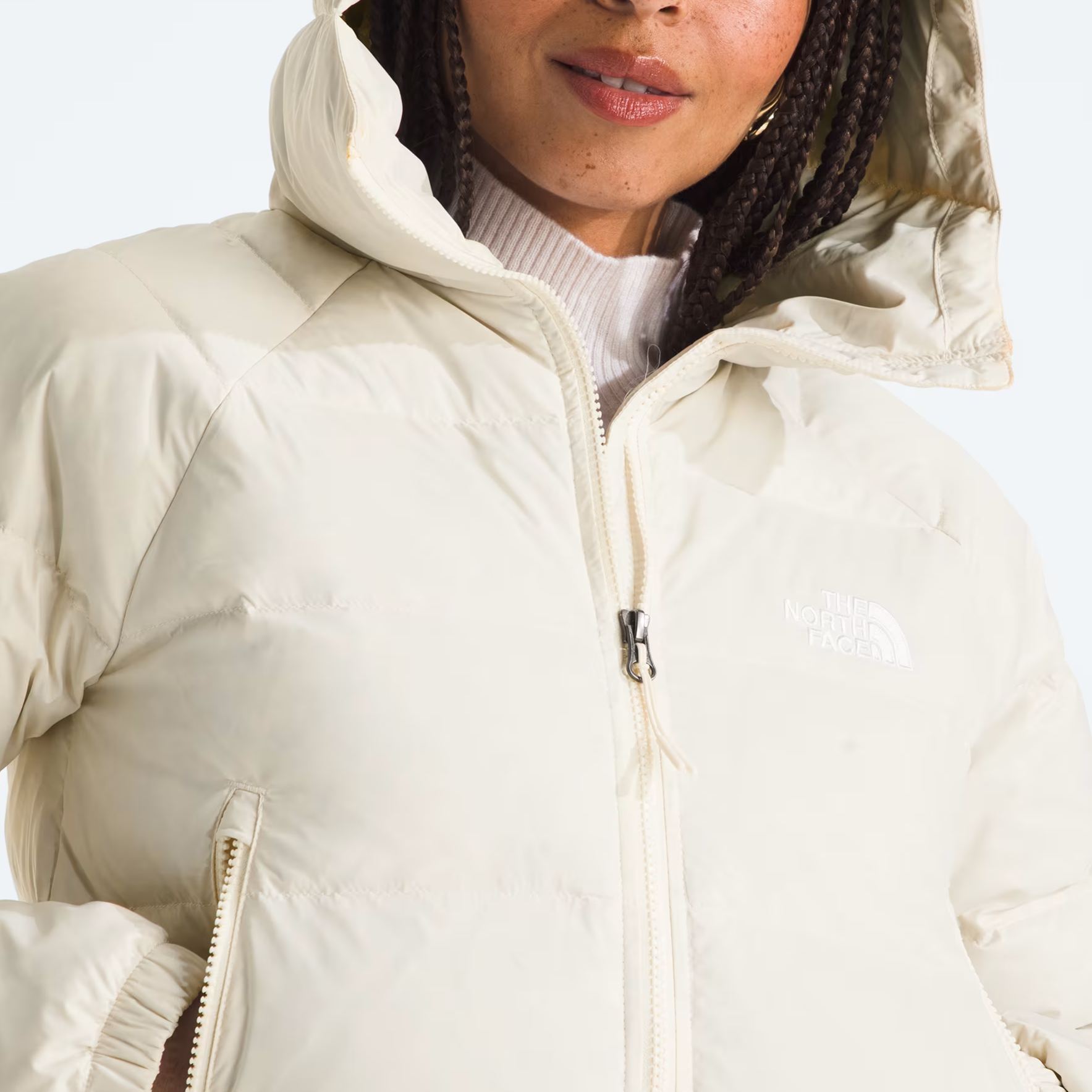 Women's Short Down Hoodie-White Dune