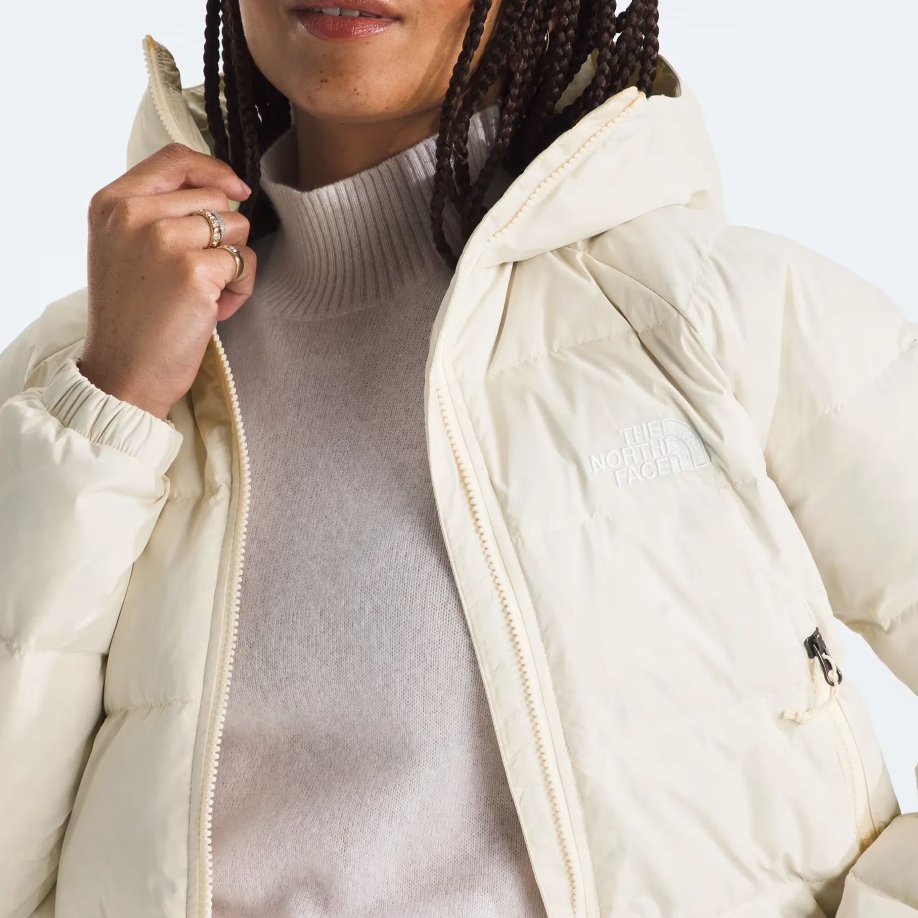 Women's Short Down Hoodie-White Dune