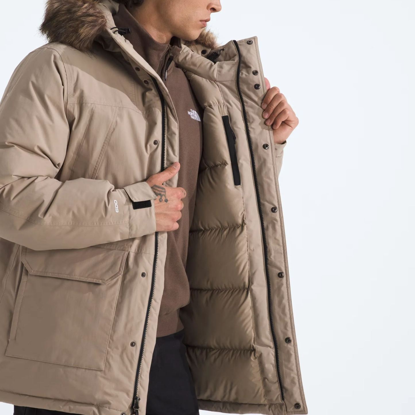 Men'S Frayed Hooded Down Jacket-Mushroom Grey