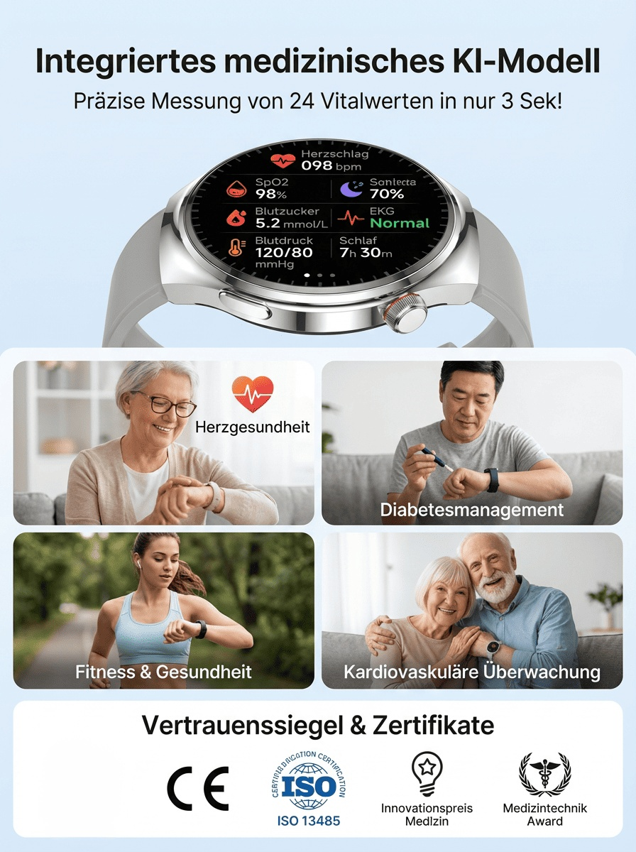 【Von Ärzten empfohlen】Lernen Sie die leistungsstärkste Smartwatch der Welt kennen. Die stärkste Smartwatch der Welt erfasst 24 Werte in 3 Sekunden – Blutzucker, Blutdruck, Puls, Temperatur. Silicon Valley und Ärzte tauschen 10.000‑Uhren gegen diese.