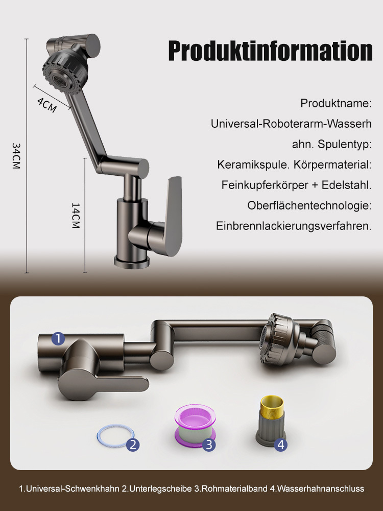 1080° drehbarer Roboterarm-Wasserhahn. Der frei drehbare Wasserstrahl erleichtert das Waschen. 