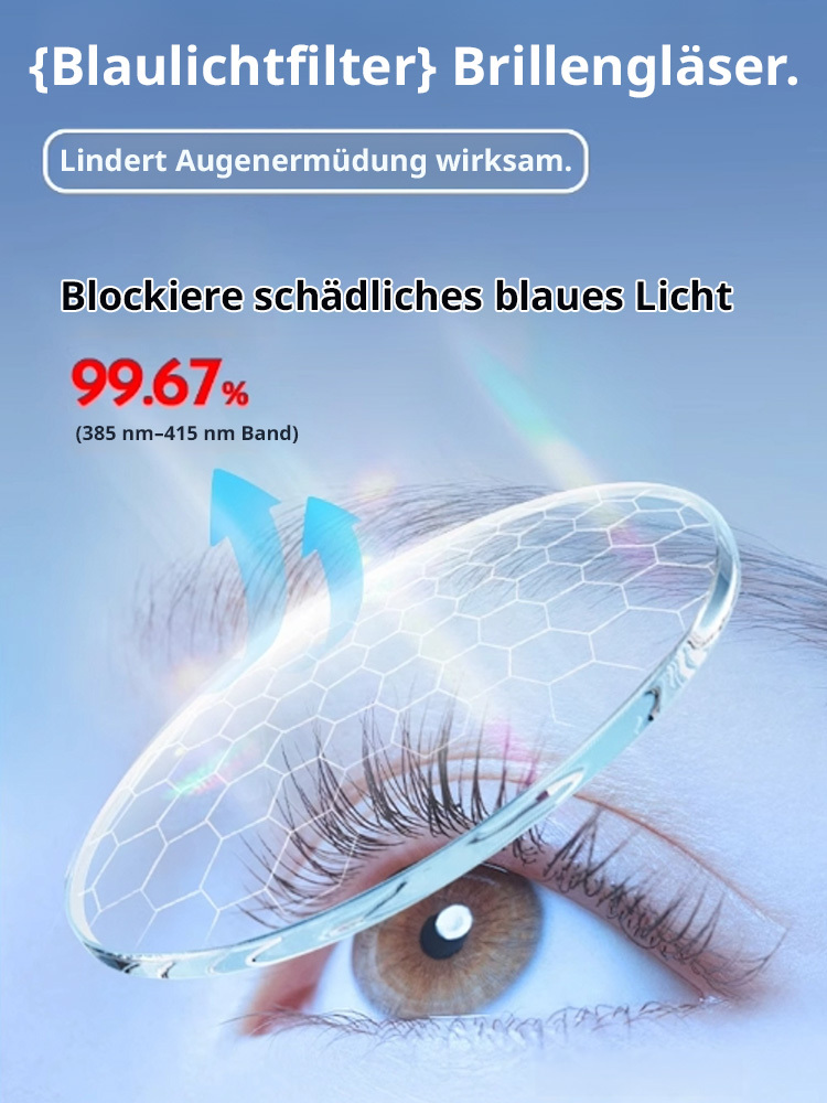 Sehkraft zurück auf 20 Jahre, High-End-Blaulichtfilter schützt vor digitaler Ermüdung.