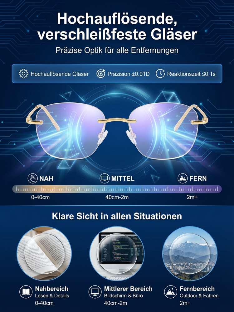 Jüngeres Design für alle, sofort scharf. 99,9% Blaulichtfilter + Sonnenbrille. Lebenslange Garantie.