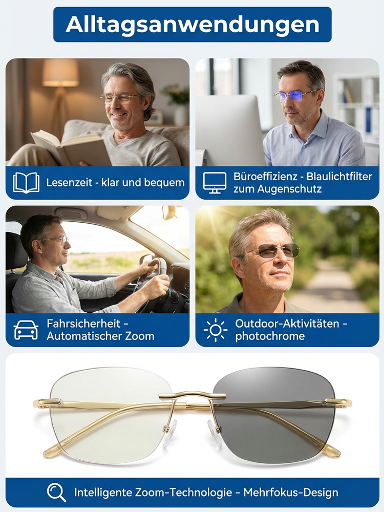 Jüngeres Design für alle, sofort scharf. 99,9% Blaulichtfilter + Sonnenbrille. Lebenslange Garantie.