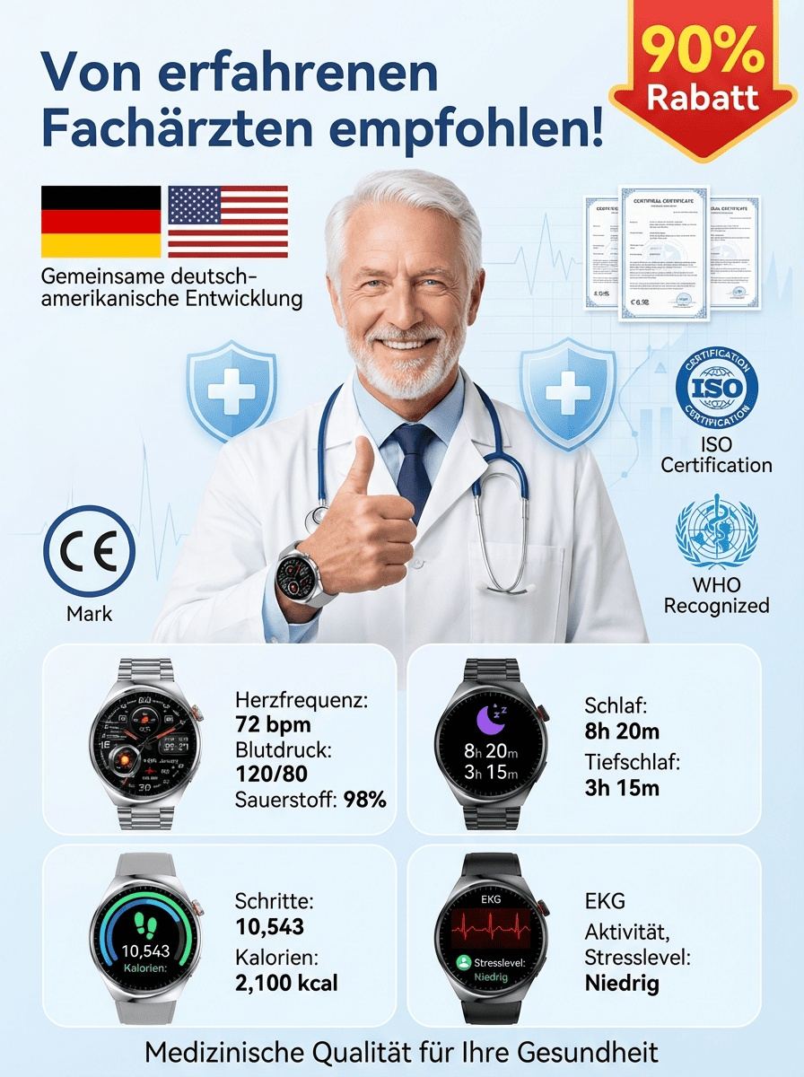 【Von Ärzten empfohlen】Lernen Sie die leistungsstärkste Smartwatch der Welt kennen. Die stärkste Smartwatch der Welt erfasst 24 Werte in 3 Sekunden – Blutzucker, Blutdruck, Puls, Temperatur. Silicon Valley und Ärzte tauschen 10.000‑Uhren gegen diese.