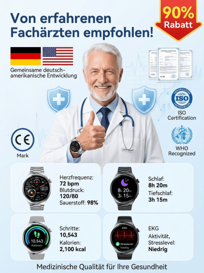 【Von Ärzten empfohlen】Lernen Sie die leistungsstärkste Smartwatch der Welt kennen. Die stärkste Smartwatch der Welt erfasst 24 Werte in 3 Sekunden – Blutzucker, Blutdruck, Puls, Temperatur. Silicon Valley und Ärzte tauschen 10.000‑Uhren gegen diese.