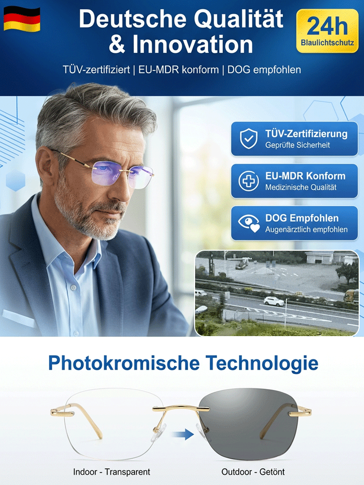 Jüngeres Design für alle, sofort scharf. 99,9% Blaulichtfilter + Sonnenbrille. Lebenslange Garantie.