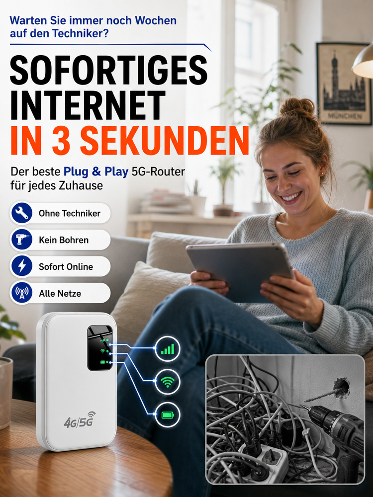 Tragbarer 5G WiFi 6 Router (286 Mbps) – 0€ Monatliche Kosten, WPA3-Verschlüsselung & 10h Akku – Räumungsverkauf mit 30+ Länderabdeckung
