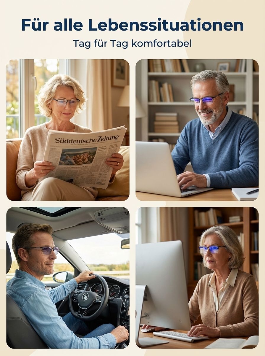 3 Brillen in einer! Fern-, Zwischen- und Nahsicht + intelligente Tönung. 👓Schluss mit dem ständigen Wechsel: Klare Sicht drinnen, Sonnenschutz draußen. ✨Edles Metalldesign: Multifokale Präzision für die anspruchsvolle Generation Gold. 👔