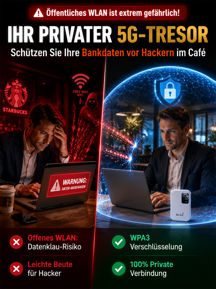 Tragbarer 5G WiFi 6 Router (286 Mbps) – 0€ Monatliche Kosten, WPA3-Verschlüsselung & 10h Akku – Räumungsverkauf mit 30+ Länderabdeckung