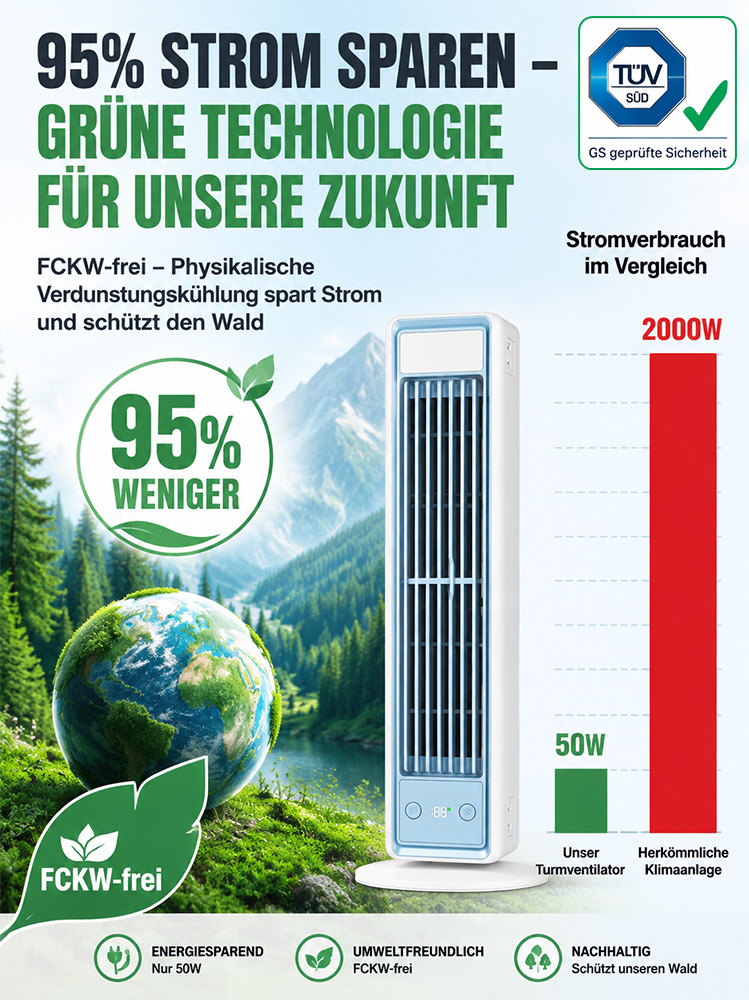 Testsieger 2026 Arktischer Schreibtisch-Turmventilator (Nur 50W / 15dB) + TÜV/GS Geprüfte Sicherheit + Letzte Charge A+ Energieeffizienz!