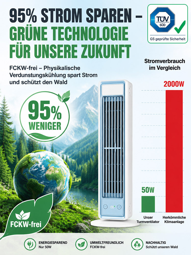 Testsieger 2026 Arktischer Schreibtisch-Turmventilator (Nur 50W / 15dB) + TÜV/GS Geprüfte Sicherheit + Letzte Charge A+ Energieeffizienz!