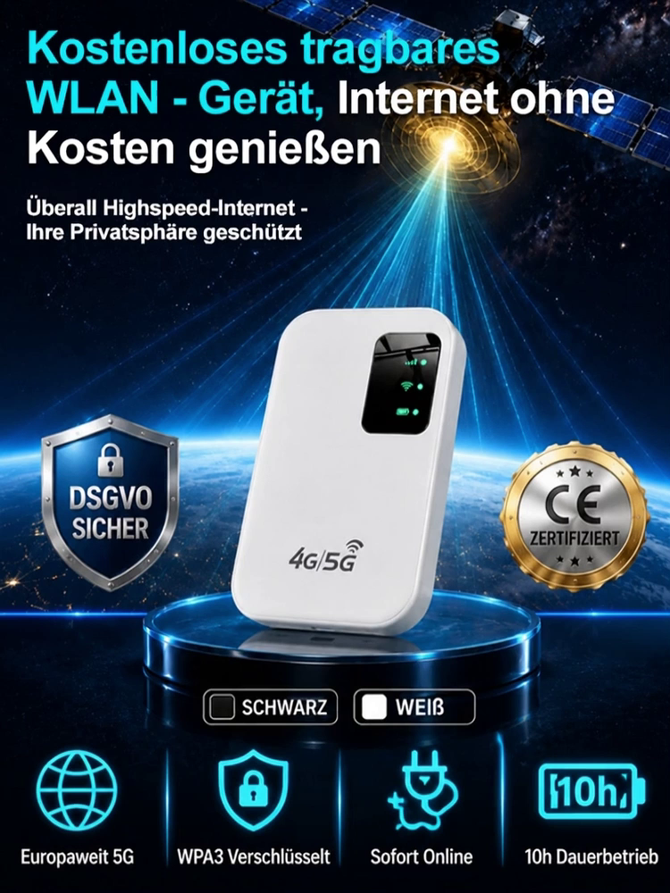 Tragbarer 5G WiFi 6 Router (286 Mbps) – 0€ Monatliche Kosten, WPA3-Verschlüsselung & 10h Akku – Räumungsverkauf mit 30+ Länderabdeckung