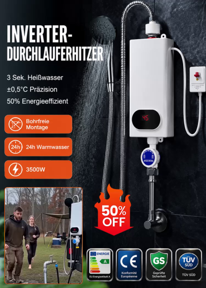 Inverter-Durchlauferhitzer 3500W mit Deutscher Mikrochip-Präzision (±0,5°C) & Plug & Play Montage – 3s Sofort-Warmwasser, Energieklasse A (50% Ersparnis) – Räumungsverkauf -50% Rabatt!