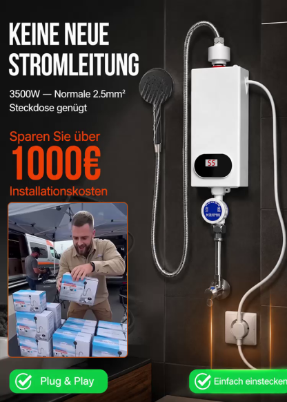 Inverter-Durchlauferhitzer 3500W mit Deutscher Mikrochip-Präzision (±0,5°C) & Plug & Play Montage – 3s Sofort-Warmwasser, Energieklasse A (50% Ersparnis) – Räumungsverkauf -50% Rabatt!