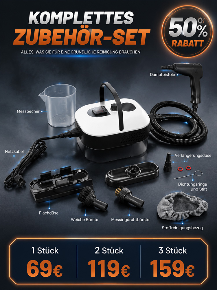 2500W Industrie-Dampfreiniger (3,5 Bar Hochdruck) – 99,9% Chemiefreie Tiefenreinigung (50% Rabatt Komplettset)