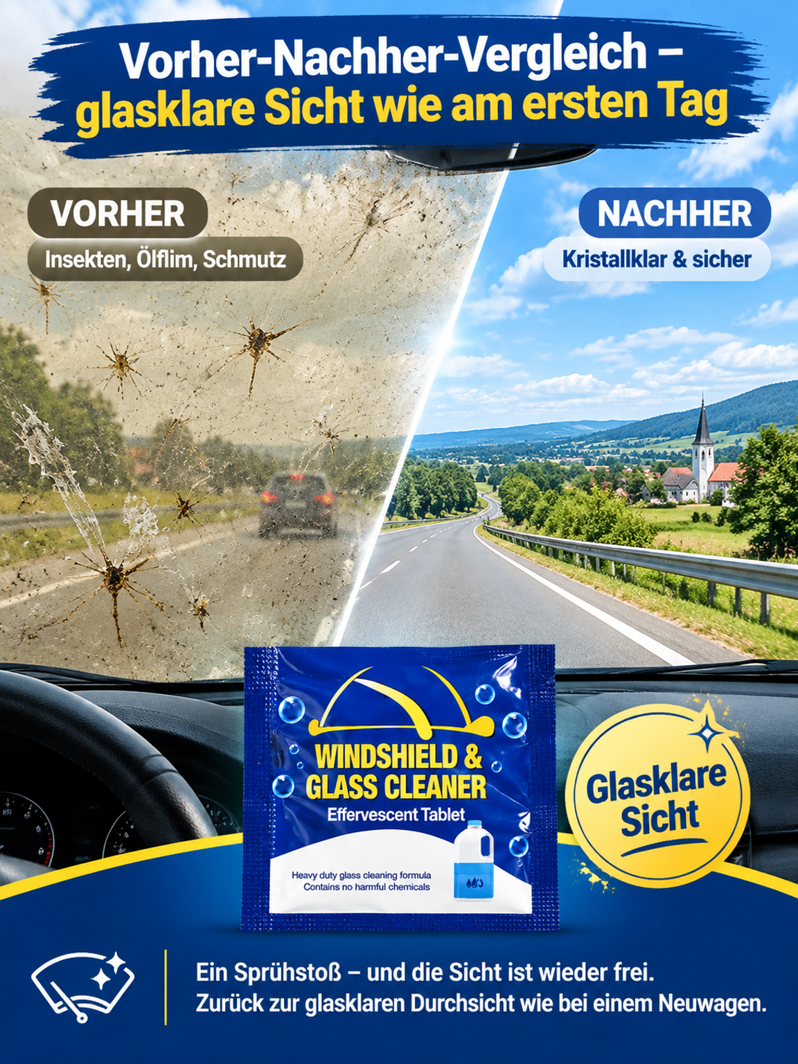 Deutsches Insektenentferner & Glasreiniger-Konzentrat (Ganzjahres-Frostschutz bis -30°C) – Bio-Enzym-Formel für Glasklare Sicht [Vorratspaket]