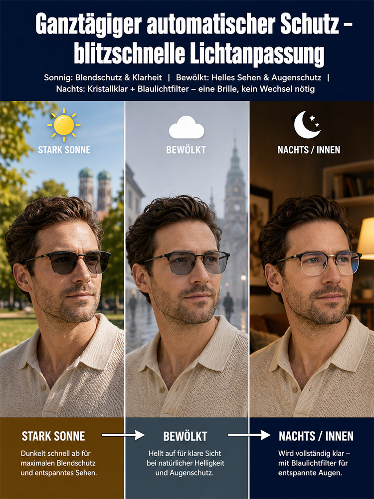Die einzige Brille, die Sie noch brauchen: Intelligente Gleitsicht + Photochrom + 9g Titan (CE/DIN Geprüft)