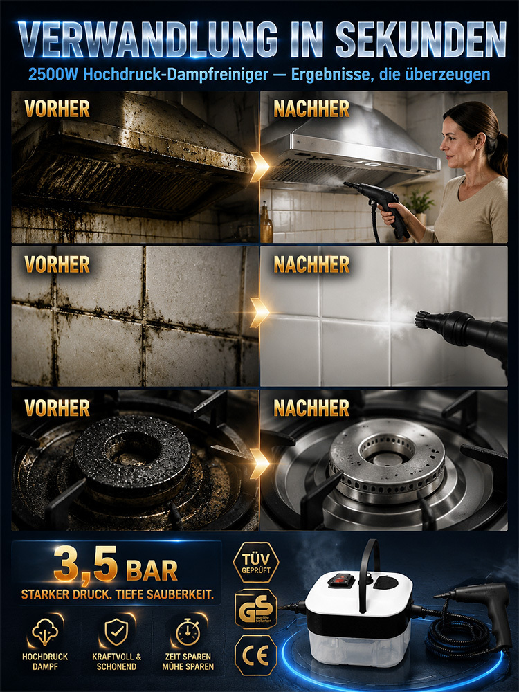 2500W Industrie-Dampfreiniger (3,5 Bar Hochdruck) – 99,9% Chemiefreie Tiefenreinigung (50% Rabatt Komplettset)