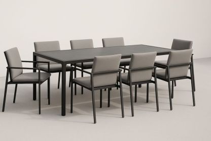Set Tavolo Rettangolare in Alluminio Nero con 8 Sedie in Tessuto Grigio-Bellevivian